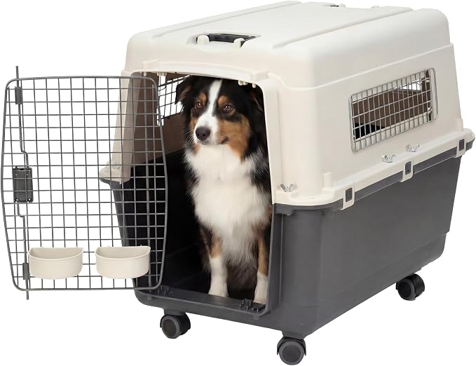 SportPet Airline Compliant LARGE 31.5" Travel Dog Kennel-Durable Plastic Airline Pet Carrier w/ Removable Wheels & Food Bowls, Collapsible Indoor/Outdoor Dog Kennel, Dogs up to 28"L & 20"H-Cream/Gray