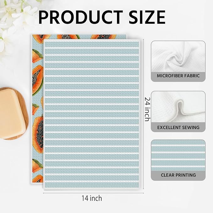 Papaya and Blue Stripes Kitchen Towels, Quick Dry Multipurpose Waffle Weave Hand Towels for Bathroom, Absorbent Reusable Cloth Tea Dish Towels for Home Decor, Papaya Lover Gift Towel Set of 2