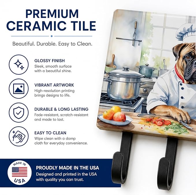 Caroline's Treasures Bullmastiff The Chef Leash or Key Holder Wall Hooks, Key Hooks Holder, Coat Rack Wall Mount, Coat Hooks, Hooks for Hanging Keys, Towels, Aprons, Leashes | Bullmastiff The Chef artwork on ceramic tile with three steel hooks for keys...