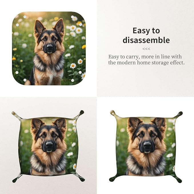 LeatherJewelry Valet Tray for Women Men, Portable Travel Catchall Tray Organizer Dish Plate Cute Pet German Shepherd Dog Bedside Vanity Tray Nightstand Caddy Holder for Wallet, Key, Coin