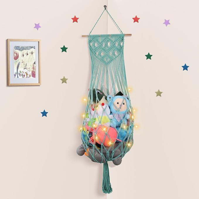63 Inch Stuffed Animal Storage Hammock Corner, Stuffy Plushie Net,Turquoise | Wall Ceiling Over Door Hanging Hammock for Stuffed Animals,Boho Macrame Stuffy Storage Holder w/Star Light,Nursery Room Decor