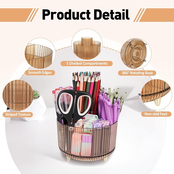 360 Rotating Pen Pencil Holder for Desk, Pen Organizer with 5 Slots | Makeup Brush Holder, Desk Organizer and Accessories, Cute Pencil Cup Caddy for Office School Home Decor Art Supply (Amber)