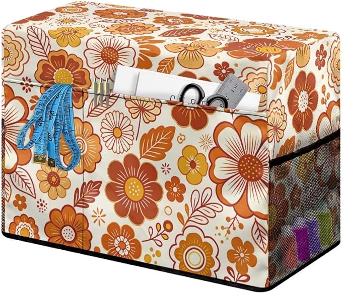 Sewing Machine Cover with Storage Pockets,Retro Flowers Print | Dust & Pet Hair Protection,Fits Standard Singer, Brother and Janome Machines, Protecting & Decorating Your Sewing Space