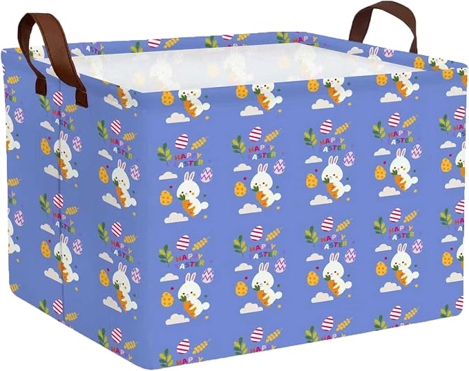 Large Rectangular Easter Baskets Empty Waterproof Boy Toy Box Foldable Kid's Gifts Storage Bin Spring Room Decor(Blue Rabbit Holding Carrot Egg)