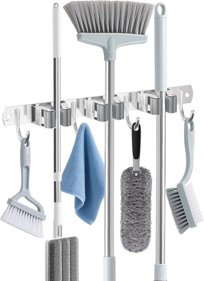 HANZENMA Broom Holder Wall Mount, Broom Organizer Wall Mount Stainless Steel Broom and Mop Hanger Heavy Duty Storage Organization for Home Kitchen Garden Garage Room 3 Racks 4 Hooks Grey