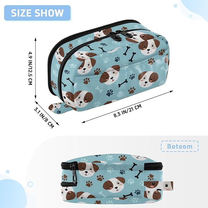 Cute Pets Puppies Blue pattern Large Capacity Pencil Case with Zipper Water Resistant Portable Organizer Pen Bag for School Office Students