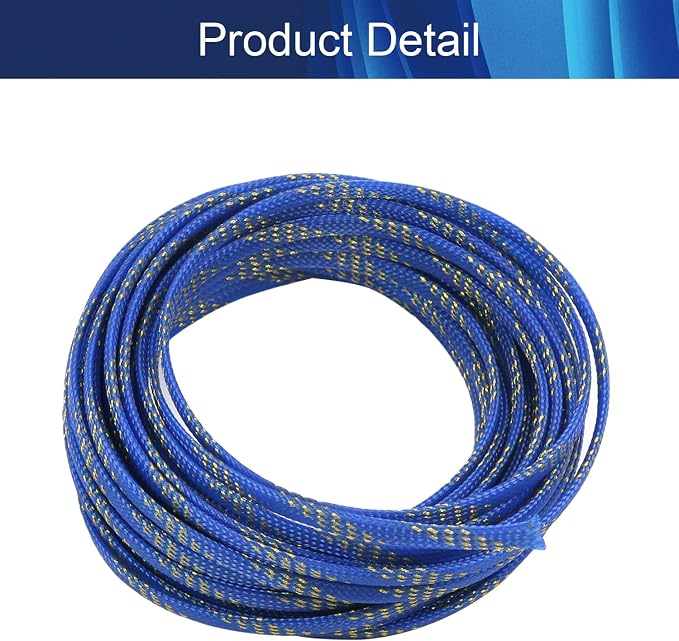 Jutagoss PET Expandable Braided Cable Sleeve, 32.8ft - 1/4 inch Blue Gold Cable Management Sleeve, Wire Loom Tube Cord Protector for USB Cable, Power Cord, Audio Video and More, 1Pc