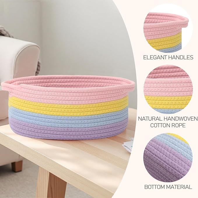 JMvicyroam Small Woven Basket, Empty Gift Basket, Rainbow/1 Pack | Small Gift Basket, Cotton Rope, 12 x 8 x 51 in, Handles, Includes Ribbon and Bag, Birthday Gift Basket