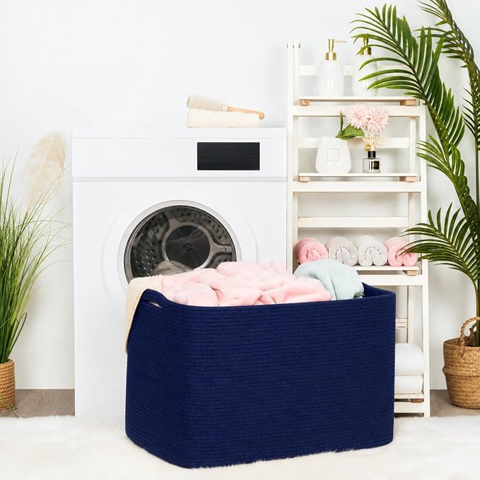 112L Extra Large Blanket Basket Holder Living Room, 25"x17"x16" Rectangle Rope Woven Storage Basket with Handles for Laundry, Towels, Shoes, Dog Toy Organizer Bin Box, Full Navy