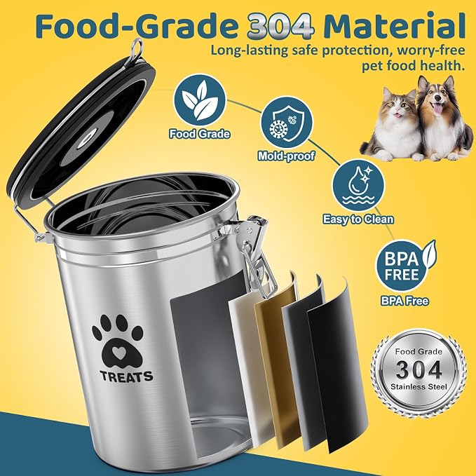 ENONCI Airtight Dog Treat Canister, 304 Stainless Steel Food Storage Jar with Date Dial Silver-1.8L