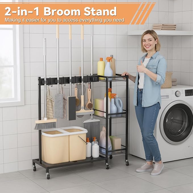 Cleaning Carts on Wheels, Rolling Broom Holder & Cleaning Supplies Organizer with 3-Tier Storage Shelf, Space Saving Janitorial Housekeeping Rack with Hanger for Home & Commercial Use Black