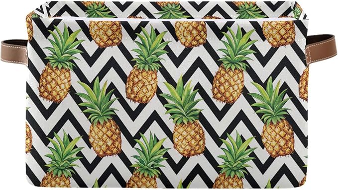 Pineapple Pattern Storage Basket Bin, Large Cube Storage Box Canvas Collapsible Storage Organizer for Home Office Closet - 15 L x 11 W x 9.5 H