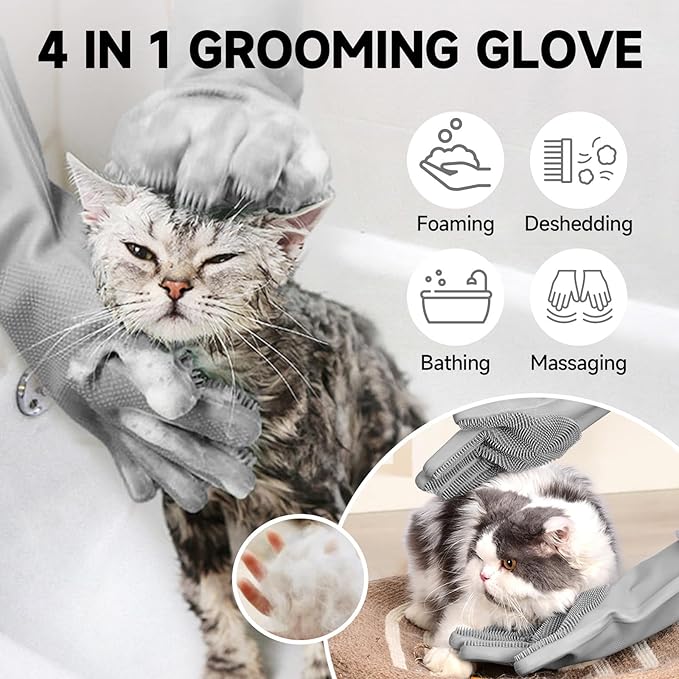Dog Washing Gloves - Quick Drying Dog Towel,Cat Bath Grooming Gloves Brush with High-Density Teeth for Bathing Massaging，Absorbent Pet Bath Towel 30.3"x13.8" with Hand Pocket for Dog Cat Grey