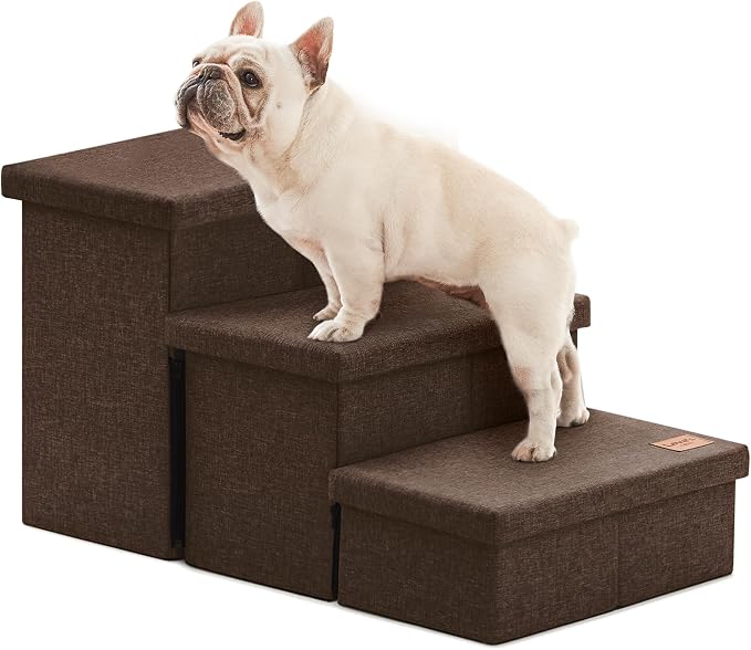 Love's cabin Dog Stairs for High Bed, Foldable Pet Stairs for Small Medium or Large Dogs Puppy with Storage for Bed or Couch, Cat Dog Steps Ramp with Zip up to 200 lbs, Coffee, 3 Steps
