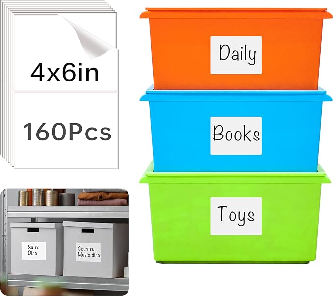 160 Pcs Removable Labels for Storage Bins - 6 X 4 inch, Tear Resistant & No Residue, Matte White Blank Box Labels for Home, School & Business Organization.