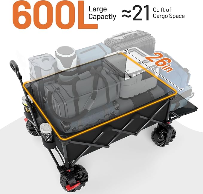 TIMBER RIDGE 600L Beast Wagon 26" W Extra Wide All Terrain Folding w/Big Wheels, Cargo Net & Tailgate, 400lbs Heavy Duty Portable Cart 54.5" L Large Collapsible Wagons for Camping, Sports, Dogs, Black