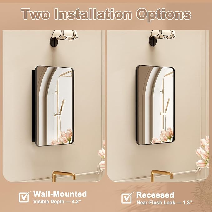 16x24 in Medicine Cabinet with Mirror for Bathroom, Matte Black | Fully Assembled; Recessed or Surface Wall Mount; Metal Cabinet with Tempered Glass Mirror and Two Adjustable Glass Shelves