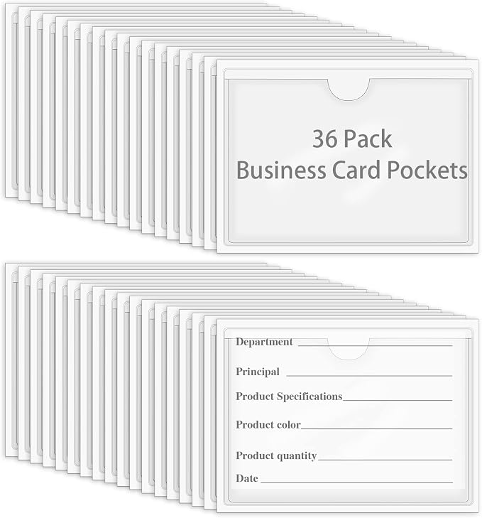 36 Pack Adhesive Index Card Pockets, Clear Top-Load Holders, 2.4 x 3.9 in | Clear PVC, self-adhesive backing, top opening, for bins shelves totes library cards and labels