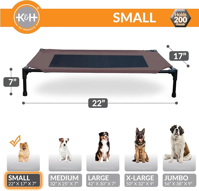 K&H Outdoor Elevated Dog Bed, Cooling Raised Dog Bed, Small Chocolate | Pet Cot for Small Pets, Breathable Mesh Center Hammock Design, Indoor/Outdoor Washable Cover, 22x17in