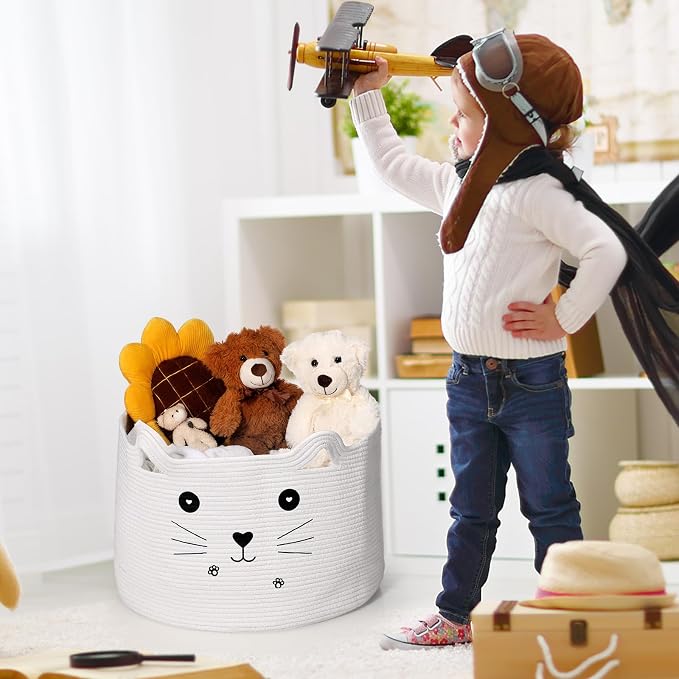 Zopeal Cat Storage Basket Woven Organizer with Ears Decorative Gift Cute Cotton Rope Pet Toy Basket for Gift Cat Dog Toy Bin Nursery Room(21.7 x 13.8 Inch,White)