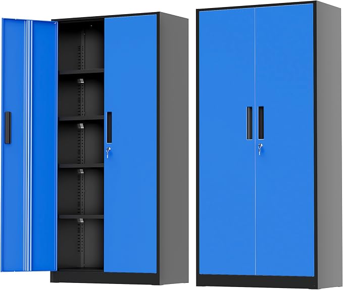 Greenvelly Metal Storage Cabinet with Doors and Shelves, 72" Inch Locking Metal Cabinet,Garage Storage Cabinet for Garage Office School Warehouse (Black Blue)