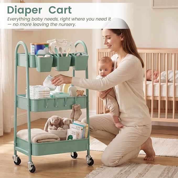 danpinera 3-Tier Rolling Cart, Utility Cart Mobile Metal Rolling Storage Cart with Lockable Wheels & Hanging Cups & Hooks for Kitchen, Bathroom, Office, Workshop, Green