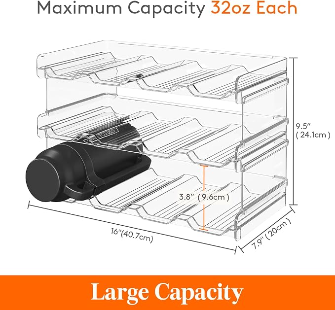 Lifewit Stackable Water Bottle Organizer for Cabinet, Clear Tumbler Holder | Large Slot for Up to 32 oz Cups, Plastic Wine Rack for Fridge, Pantry, Kitchen Organization & Storage, 3-Tier Holds 12 Bottle