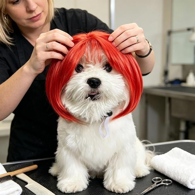 Cute Pet Wig Headband, Funny Dog Cat Hair Accessory for Halloween, red | Funny, Universal fit