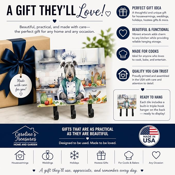 Caroline's Treasures Irish Wolfhound The Chef Leash or Key Holder Wall Hooks, Key Hooks Holder, Coat Rack Wall Mount, Coat Hooks, Hooks for Hanging Keys, Towels, Aprons, Leashes | Irish Wolfhound The Chef artwork on ceramic tile with three steel hooks ...