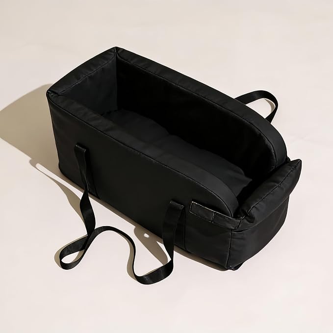 Center Console Dog Car Seat for Pets Up to 9 lb, Black | Water-resistant faux leather; 16.41 x 7.87 x 8.66 in; pets up to 11 in long. Measure your console before purchase.