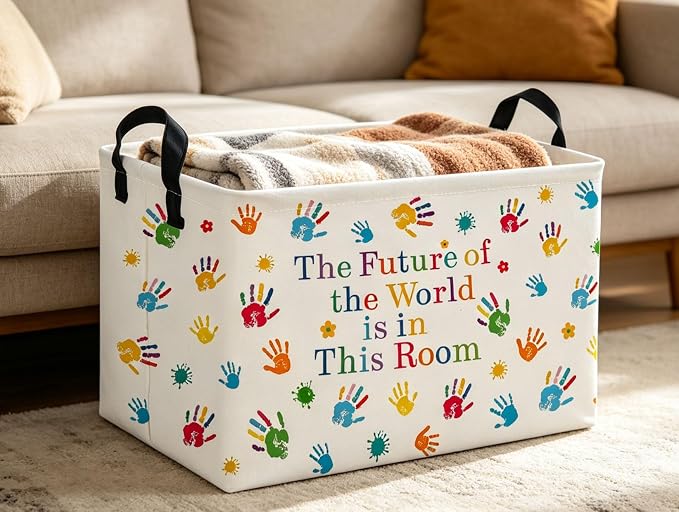 Rectangle Kids Baskets Book Basket Cute Storage Bin Organizer Boys Box for Room Decor Gift Basket(Handprint)