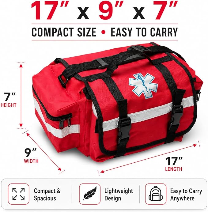 NOVAMEDIC NM-RO63P Professional First Responder Bag, 17” x 9” x 7” Empty EMT Trauma Kit Carrier with Removable Dividers, Reflective Strips, Water-Resistant Base for Emergency Medical Supplies (Red)