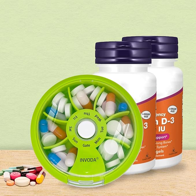 INVODA Weekly Pill Organizer 7 Compartment Rotating Pill Box for Daily | Cute Round Pill Organizer Fit purse pocket or backpack Portable Travel Pill Case for Fish Oil Supplements Vitamins Medication