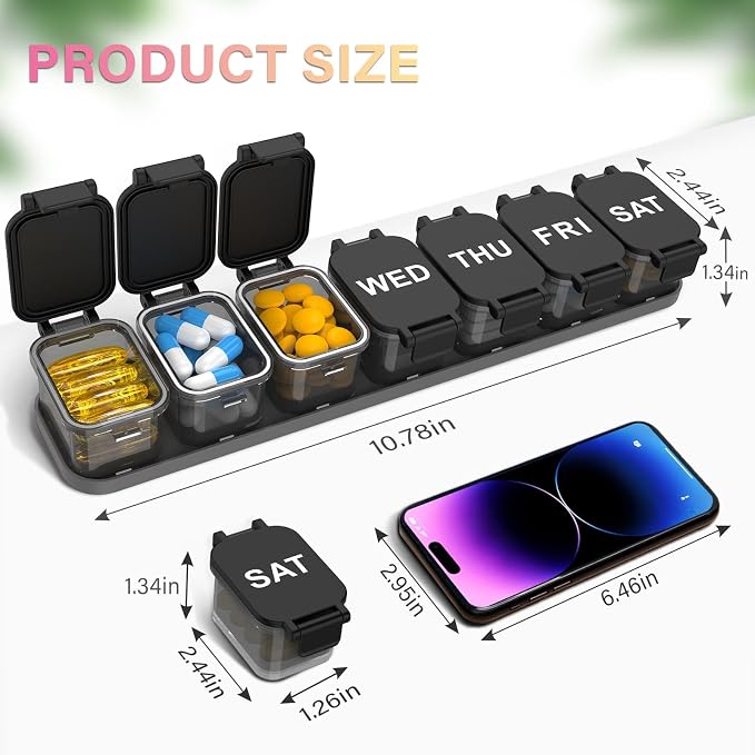 2-Pack Extra Large Weekly Pill Organizer with 7 Detachable Compartments | XL Pill Organizer, Portable Medicine Pill Organizer for Supplements, Daily Pill Case for Home and Travel
