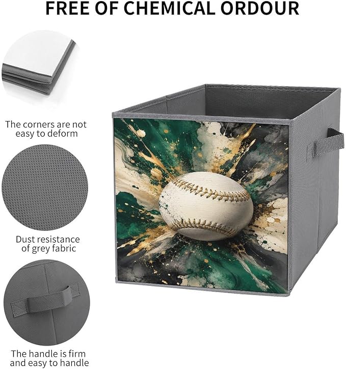 Baseball Art Abstract Splash Design Storage Bin with Handles, Oxford Fabric Foldable Storage Cube Organizer for Clothes, Towels, Bedroom, Living Room, Home Organization