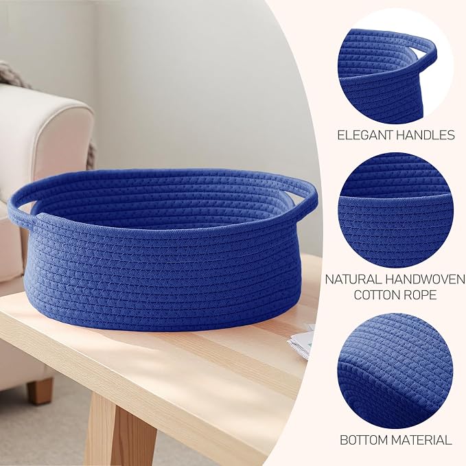 JMvicyroam Small Woven Basket, Empty Gift Basket, Navy Blue/2 Pack | Small Gift Basket, Cotton Rope, 12 x 8 x 28 in, Handles, Includes Ribbon and Bag, Birthday Gift Basket