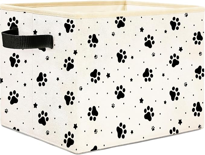 Paw Print Storage Bin, Foldable Fabric Organizer | Black paw print storage bin with stars and dots for toys, books, clothes, pet items, shelves, closets, and rooms.