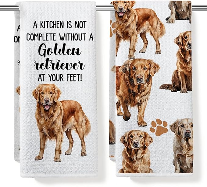 Golden Retriever Waffle Weave Kitchen Towels, Quick Dry Multipurpose Hand Towels for Bathroom, Absorbent Reusable Cloth Tea Dish Towels for Home Decor, Dog Lover Gift Towel Set of 2