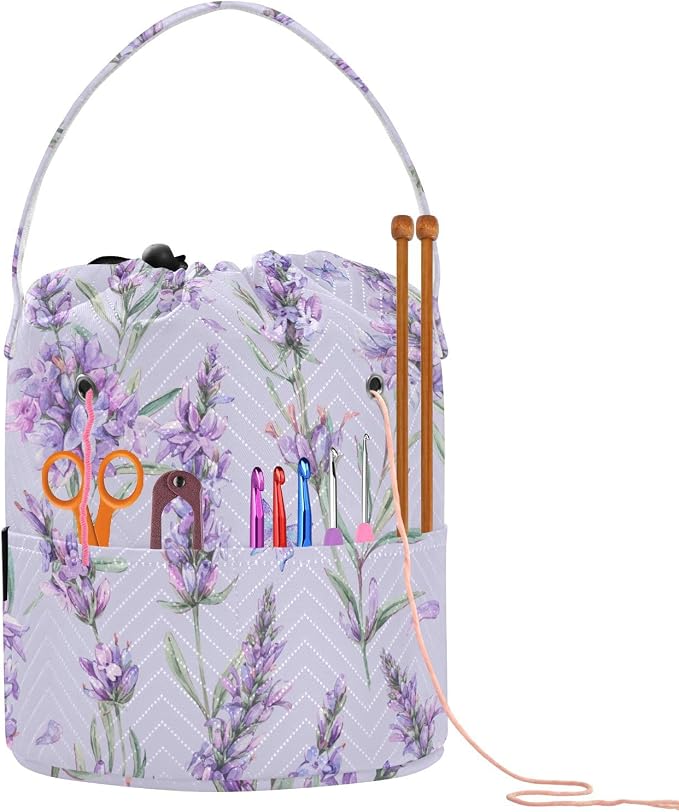 Fustylead Watercolor Vintage Lavender Flowers Knitting Crochet Bag, Portable Large Yarn Storage Drawstring Basket Organizer for Crocheting Hooks, Project, Store Skein Ball, Short Knitting Needle