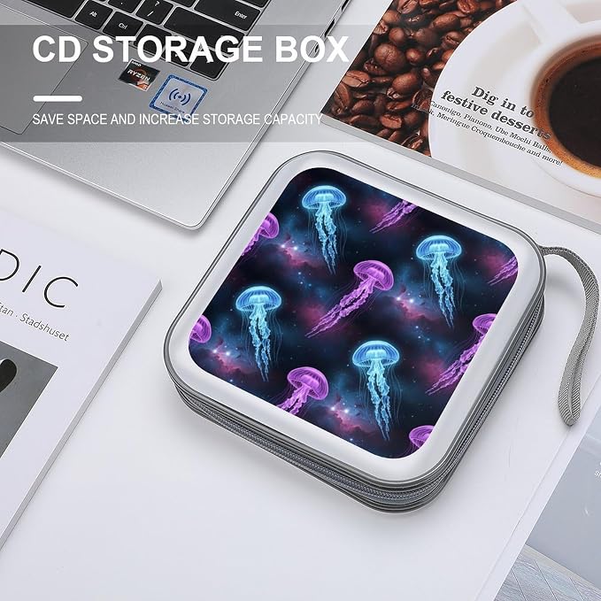 Portable CD Holder Case with Strap Jellyfish, 40-Capacity Hard Plastic Storage Binder, Protective Wallet for Car Office Travel