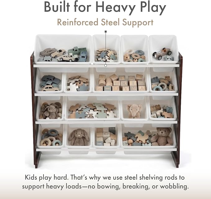 Humble Crew Kids Toy Organizer with 16 Bins, 4 Tier Storage for Playroom | Sturdy wood and steel toddler shelf, removable BPA-free containers, wall anchor anti-tip safety kit for bedroom or classroom