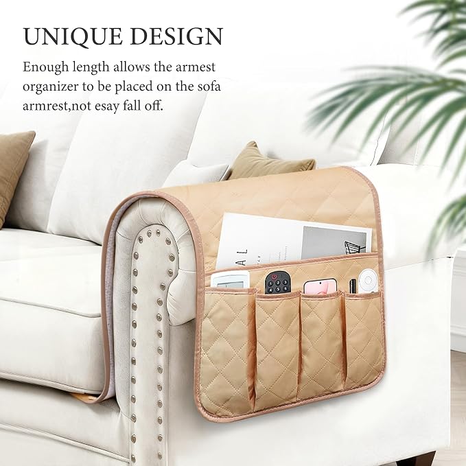 Armchair Caddy for Recliner, Non Slip Sofa Arm Organizer, Khaki | 5-Pocket Recliner Armrest Organizer, Couch Side Storage Holder for Remotes, Cell Phone, Magazines & Tablets, Machine Washable