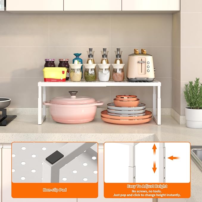 Shelf Organizer Riser For Cabinet Pantry Kitchen Countertop Cupbaord Closet | Expandable Width, Adjustable Height, Stackable As 2-Tier Shelf Rack, Snap-Button: Easily Adjust Height, Heavy Duty Metal