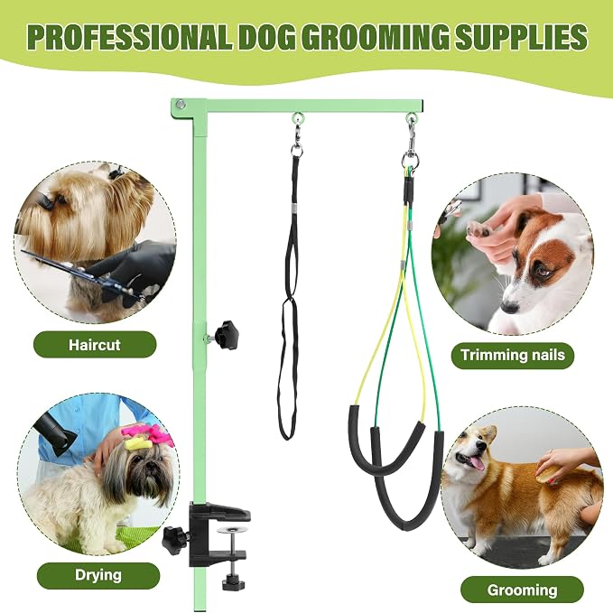 getlstub Dog Grooming Arm with Pet Grooming Hammock, 35" Pet Grooming Table Arm with Adjustable No Sit Haunch Holders, Dog Grooming Stand with Loop Noose for Small and Medium Pets, Green