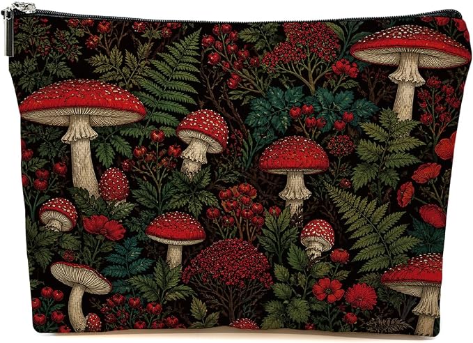 JIUWEIHU Vintage Red Mushroom Makeup Bag Forest Cottagecore Cosmetic Bag | Mushroom Gifts Travel Toiletry Bags for Women Girls Friends Sisters Wife Christmas Friendship Graduation Birthday Gifts