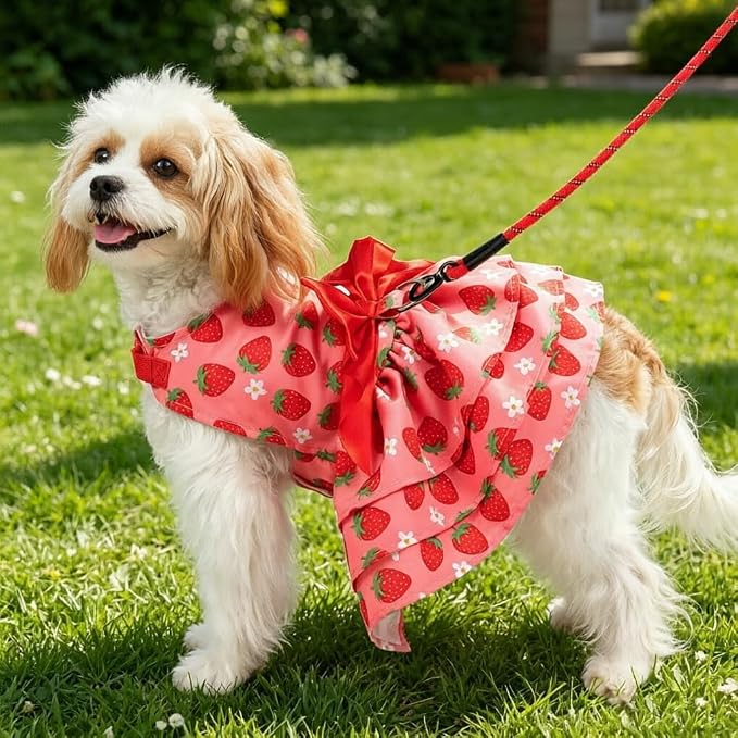 PUPTECK Summer Dog Dress with Bow and Leash Ring, Pink Strawberry M | Cute Adorable Breathable Mesh Dog Clothes for Small Medium Dogs Puppy Cats, Pet Outfit Apparel for Birthday Party