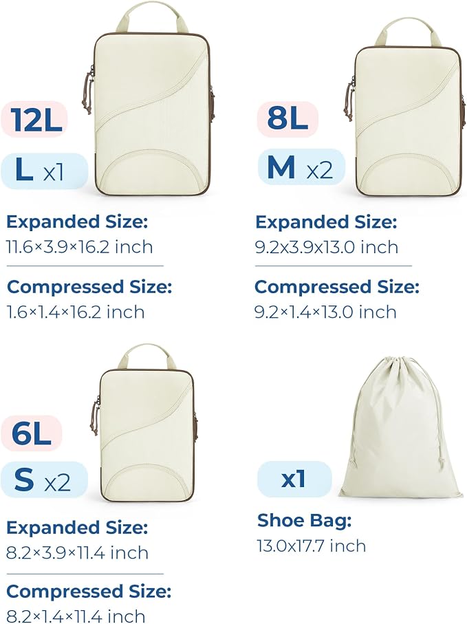 Bagsmart Compression Packing Cubes, Travel Bag Cruise Ship Essentials | Lightweight, Compressible Suitcase Organizer Set fit Standard Carry-On & Checked Luggage, 6 Set, 14 Set Washable Packing Bags