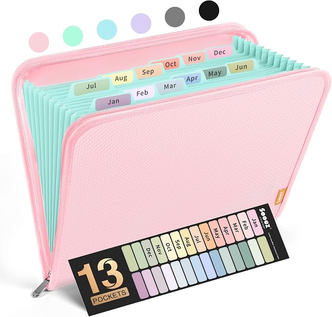 Sooez 13 Pocket Accordion File Organizer, Zipper Expanding File Folder A4 | Reinforced Plastic Accordion Folder Organizer, A4 Letter Size, Portable Folders for Documents, School Office Supplies, Pink