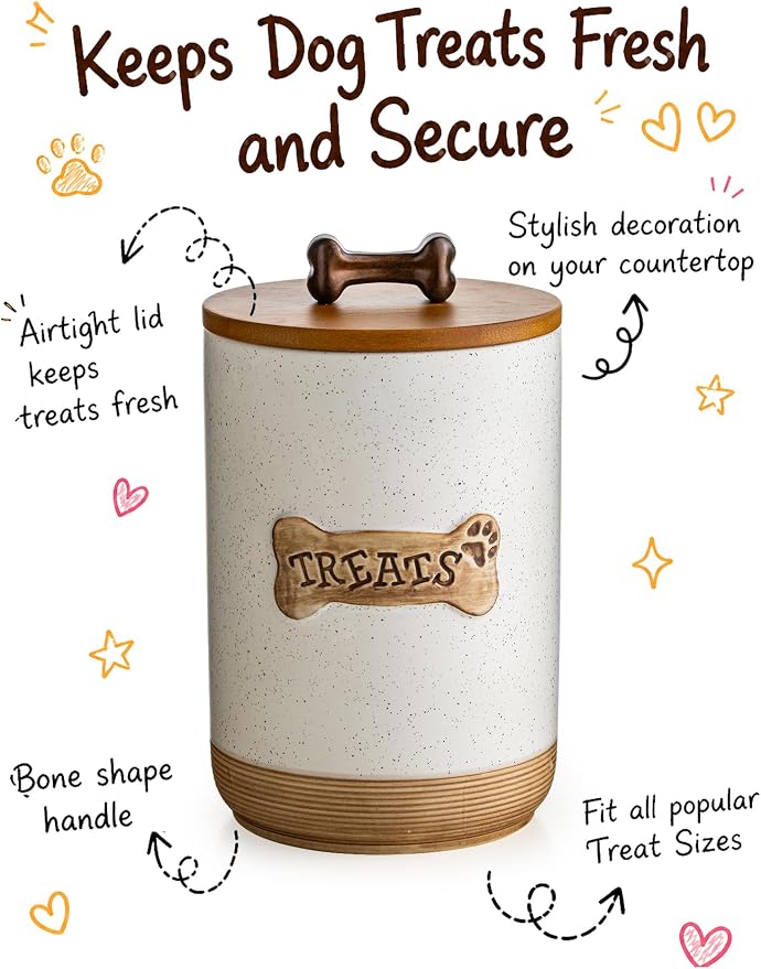 Miamolo Airtight Dog Treat Jar with Lid, Dog Treat Container for Countertop | Ceramic 8 Cups, Easy to Open | Small Dog Food Storage Canister, Farmhouse Dog Biscuit Jar Dog Lovers Gift | Bone Dotted White
