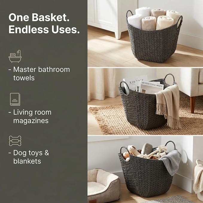Household Essentials Handwoven Paper Rope Storage Basket with Metal Frame and Handles, Gray